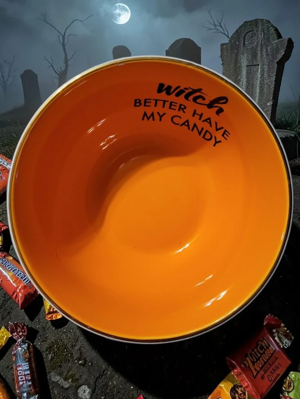 Witch Better Have My Candy Ceramic Halloween Candy Bowl Gold Rim Black Stripes